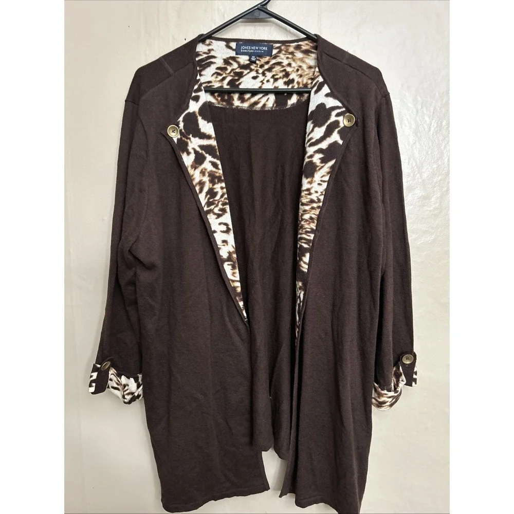 Jones New York‎ 3X Brown Cheetah Print Open Front Lapeled Cardigan Sweater